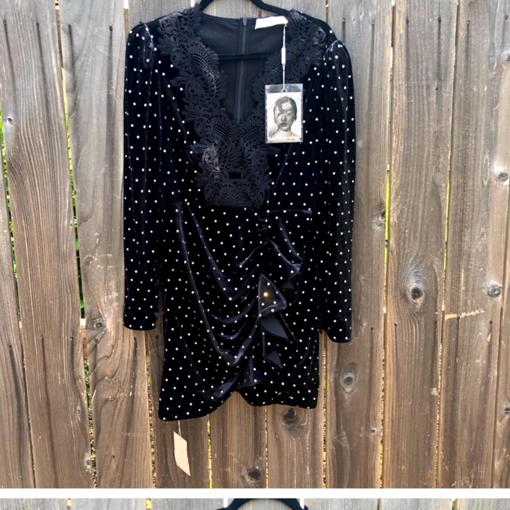 Self Portrait Lace Trimmed Diamanté Dress Black